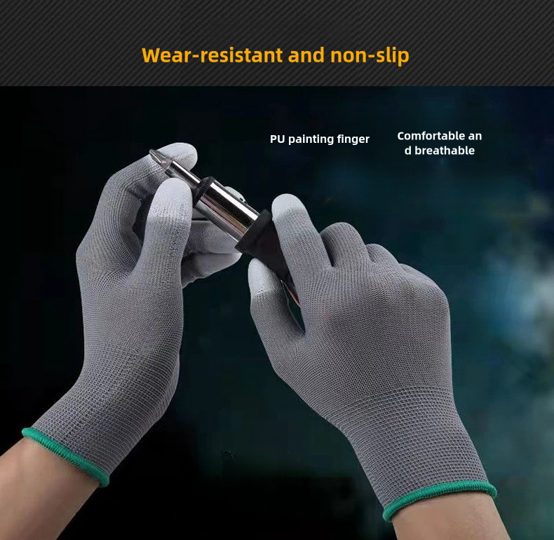 Thin grey PU coating refers to coating anti-slip wear-resistant dust-proof yarn breathable electrician work protection gloves