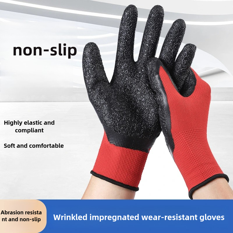 Red yarn black latex wrinkle impregnated rubber wear-resistant soft logistics transport non-slip site labor protection gloves