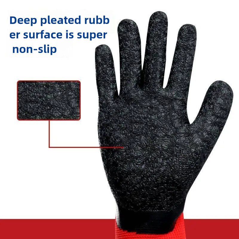 Red yarn black latex wrinkle impregnated rubber wear-resistant soft logistics transport non-slip site labor protection gloves