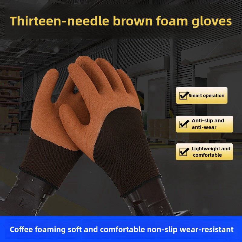 Latex coffee semi-hanging foam labor protection Wear resistant handling soft breathable work gloves with adhesive