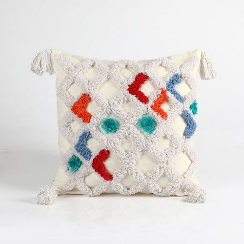 Geometric Tufted Pillow Cover with Colorful Accents - Decorative Throw Cushion for Sofa and Bed