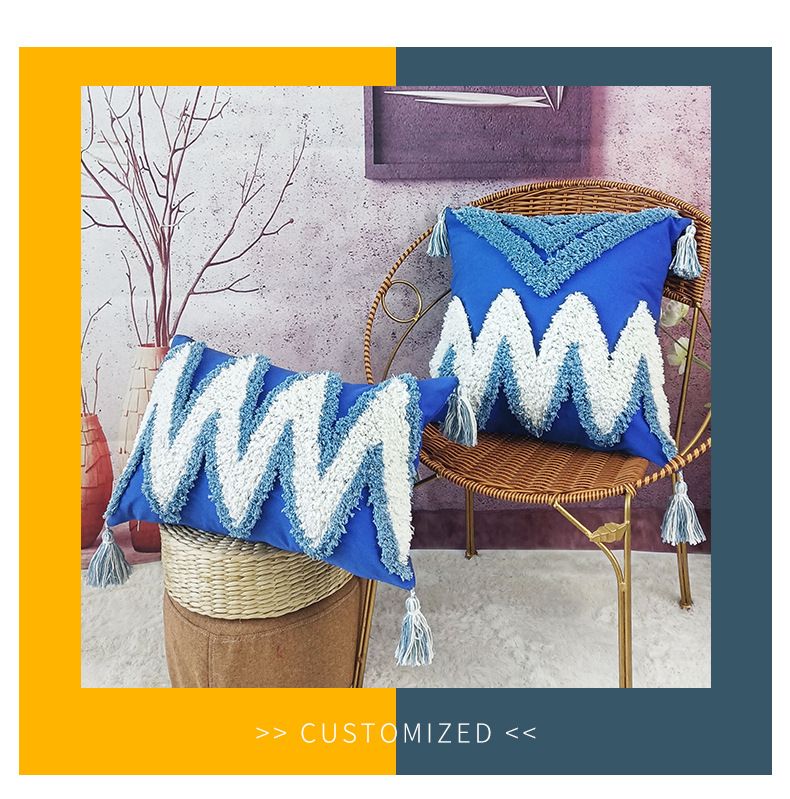 Boho Style Blue Tufted Pillow Cover with Chevron Design - Decorative Throw Cushion with Tassels