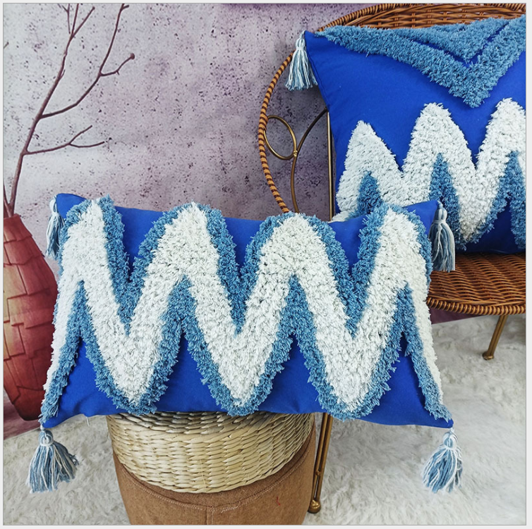 Boho Style Blue Tufted Pillow Cover with Chevron Design - Decorative Throw Cushion with Tassels