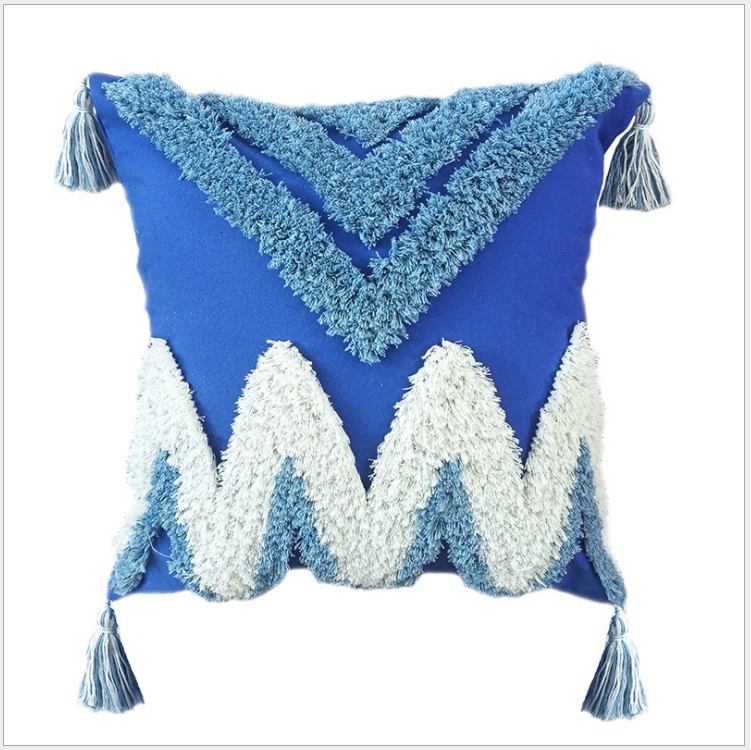 Boho Style Blue Tufted Pillow Cover with Chevron Design - Decorative Throw Cushion with Tassels