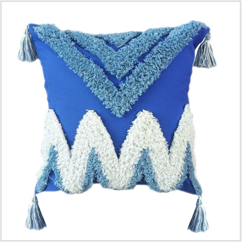 Boho Style Blue Tufted Pillow Cover with Chevron Design - Decorative Throw Cushion with Tassels