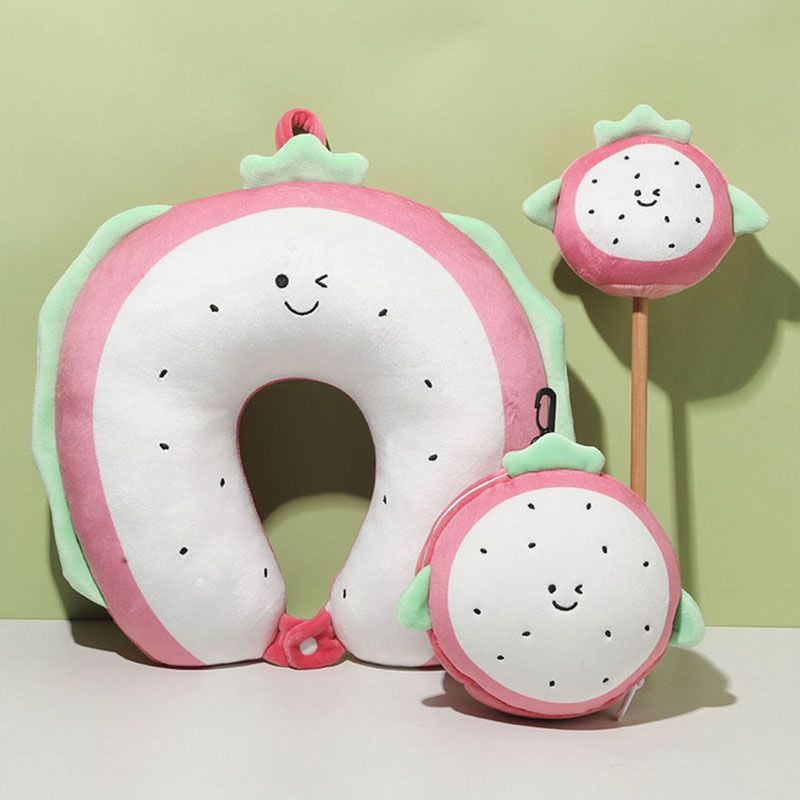 Cute Dragon Fruit Plush U-shaped Pillow with Built-in Eye Mask