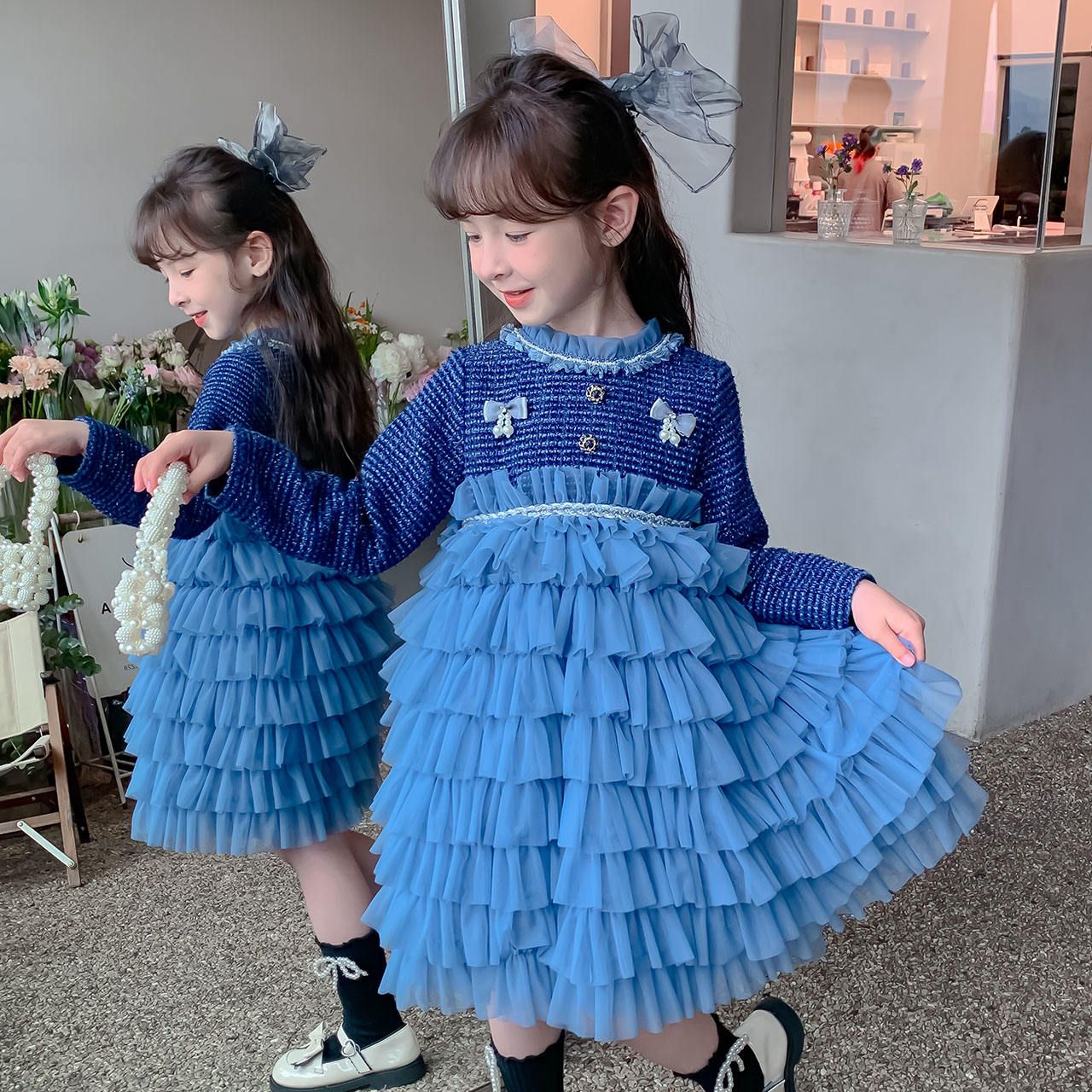 OEM ODM casual print long sleeve soft blue baby girl birthday party dresses