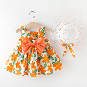 Summer Cheap Big Bow Sleeveless Beach Hat Thin Sweet Kids Dress Floral Cotton Baby Girls Casual Dresses