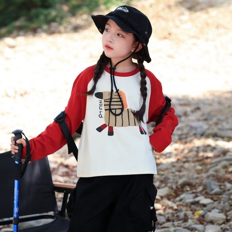 Girls' Raglan Long Sleeve Zebra Graphic T-Shirt - Cute Animal Print Top in Red and Black, Comfortable 100% Cotton