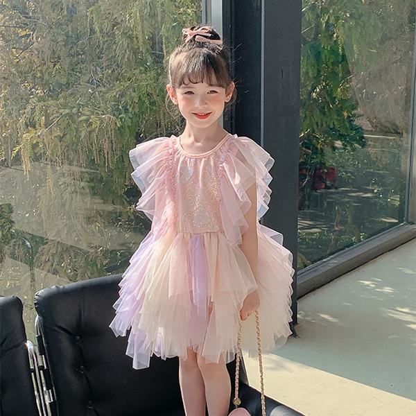 Latest Fashion Dress for Kids Sleeveless Colorful Cake Dress for Children Birthday Party Girls Clothing