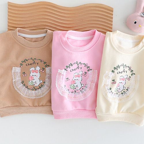 Girls' Adorable Long Sleeve Outfit - Ruffled Bunny Print Sweatshirt with Matching Pants Set