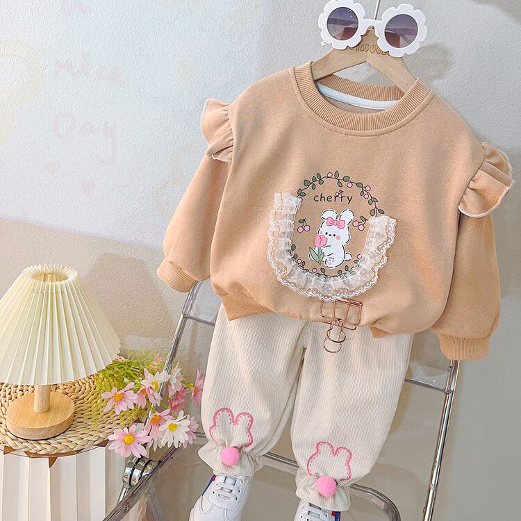 Girls' Adorable Long Sleeve Outfit - Ruffled Bunny Print Sweatshirt with Matching Pants Set