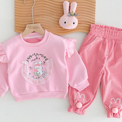 Girls' Adorable Long Sleeve Outfit - Ruffled Bunny Print Sweatshirt with Matching Pants Set