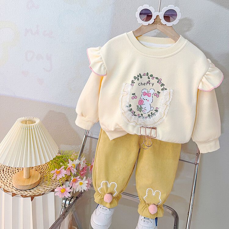 Girls' Adorable Long Sleeve Outfit - Ruffled Bunny Print Sweatshirt with Matching Pants Set