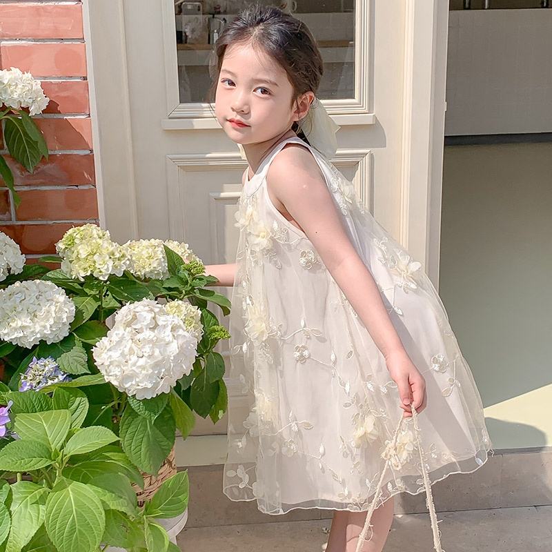 Summer Girls High Quality White Dress Custom Children Clothing Wholesale Pattern Sleeveless Solid White Dress 66431