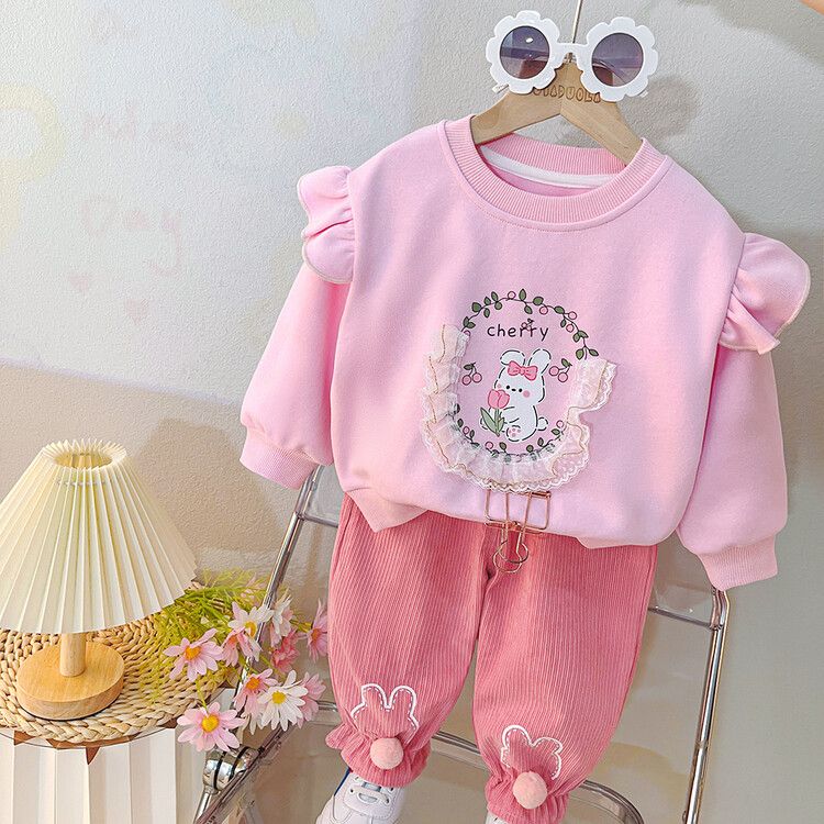 Girls' Adorable Long Sleeve Outfit - Ruffled Bunny Print Sweatshirt with Matching Pants Set