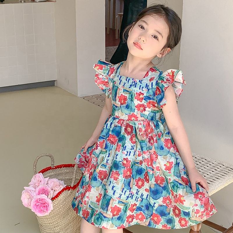 Summer Girls High Quality Red Dress Custom Rose Flowers Children Clothing Wholesale Pattern Sleeveless Red Floral Dress 66470