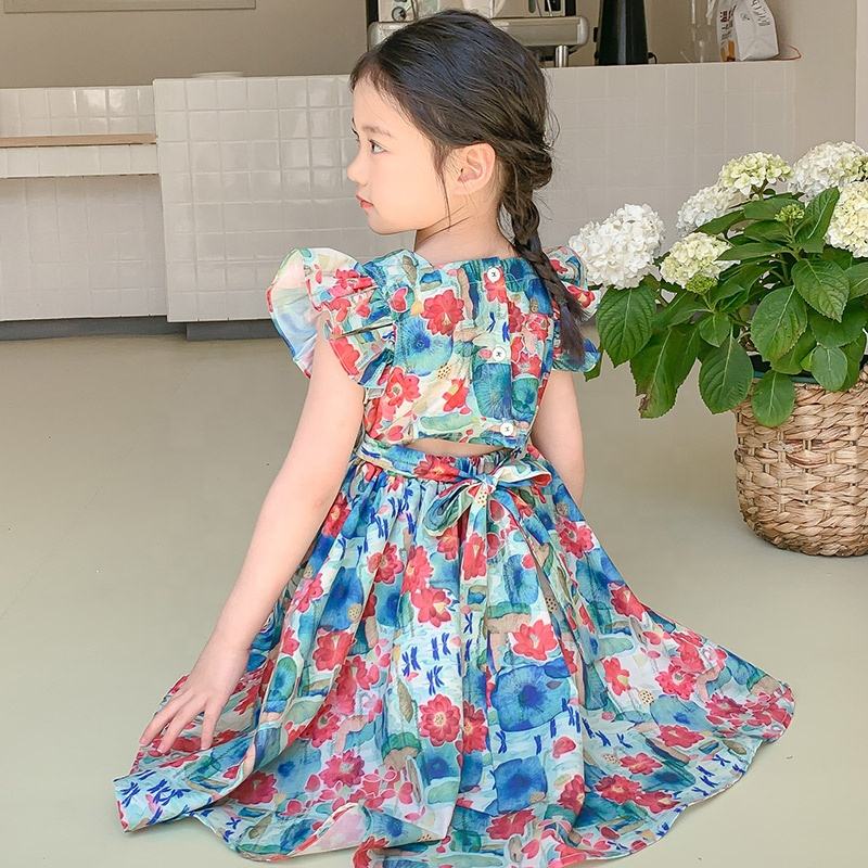 Summer Girls High Quality Red Dress Custom Rose Flowers Children Clothing Wholesale Pattern Sleeveless Red Floral Dress 66470