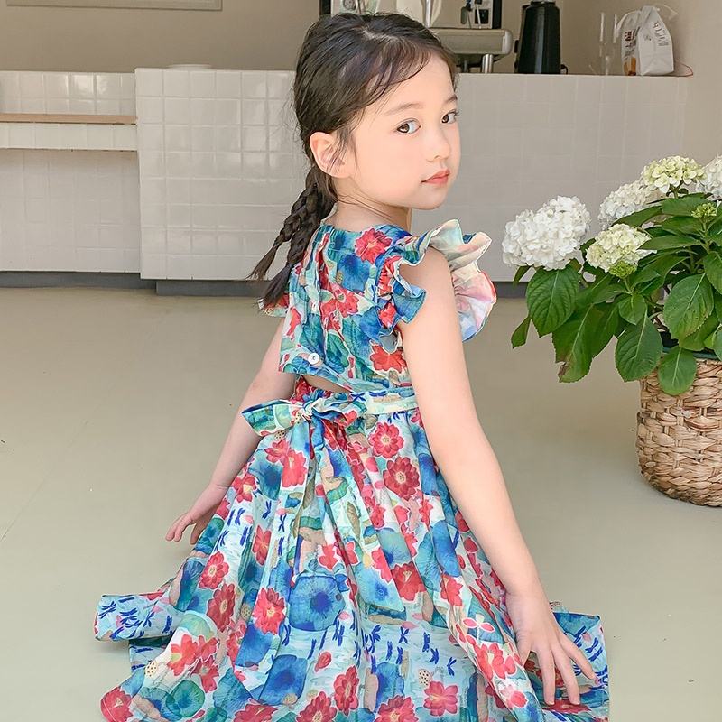 Summer Girls High Quality Red Dress Custom Rose Flowers Children Clothing Wholesale Pattern Sleeveless Red Floral Dress 66470