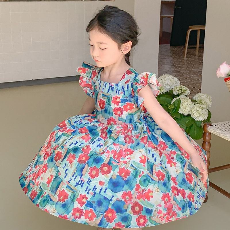 Summer Girls High Quality Red Dress Custom Rose Flowers Children Clothing Wholesale Pattern Sleeveless Red Floral Dress 66470