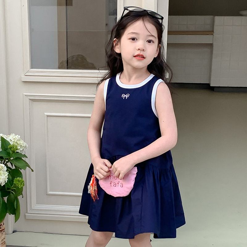 Summer Girls High Quality Navy Dress Custom Children Clothing Wholesale Sleeveless Solid Dress 66463