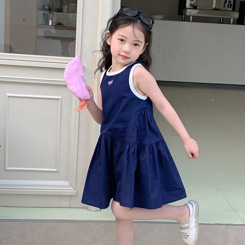 Summer Girls High Quality Navy Dress Custom Children Clothing Wholesale Sleeveless Solid Dress 66463