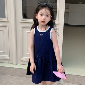 Summer Girls High Quality Navy Dress Custom Children Clothing Wholesale Sleeveless Solid Dress 66463