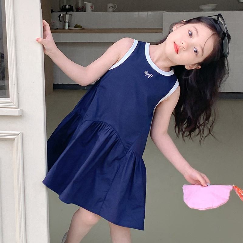 Summer Girls High Quality Navy Dress Custom Children Clothing Wholesale Sleeveless Solid Dress 66463