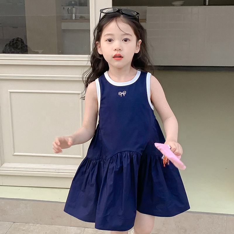 Summer Girls High Quality Navy Dress Custom Children Clothing Wholesale Sleeveless Solid Dress 66463