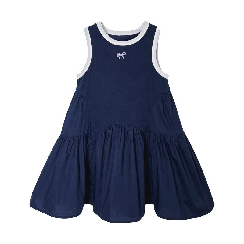 Summer Girls High Quality Navy Dress Custom Children Clothing Wholesale Sleeveless Solid Dress 66463