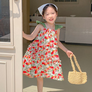 Summer Girls High Quality Red Dress Custom Children Clothing Wholesale Pattern Sleeveless Red Floral Dress 66462