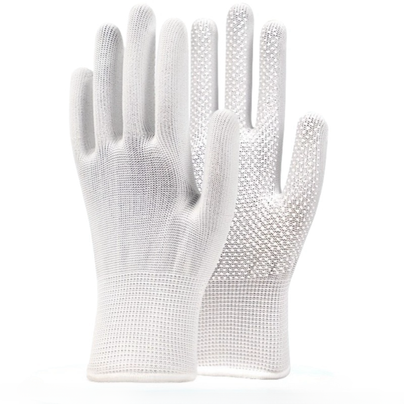 Thin white nylon adhesive non-slip palm bead non-slip breathable wear resistant packing and sorting labor protection gloves