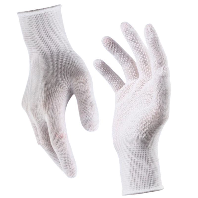 Thin white nylon adhesive non-slip palm bead non-slip breathable wear resistant packing and sorting labor protection gloves