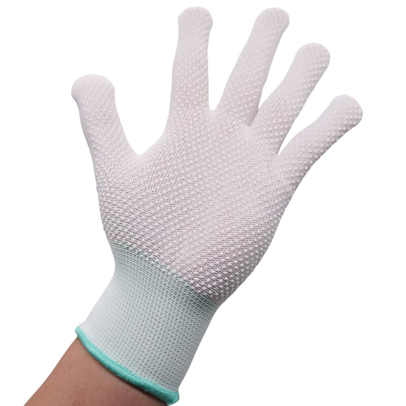 Thin white nylon adhesive non-slip palm bead non-slip breathable wear resistant packing and sorting labor protection gloves