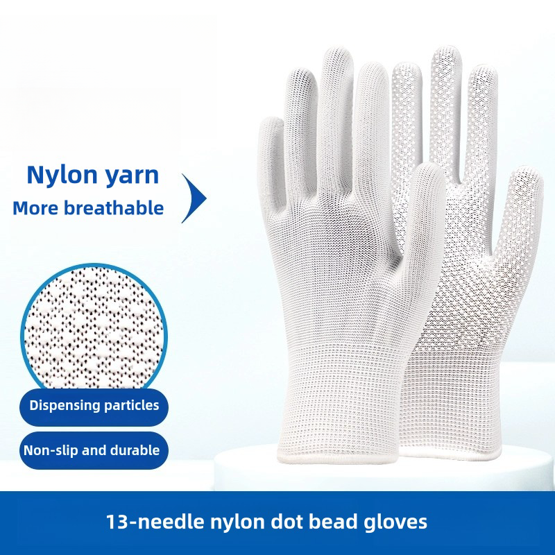 Thin white nylon adhesive non-slip palm bead non-slip breathable wear resistant packing and sorting labor protection gloves