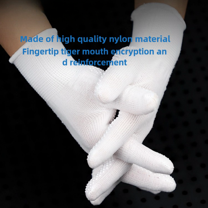 Thin white nylon adhesive non-slip palm bead non-slip breathable wear resistant packing and sorting labor protection gloves