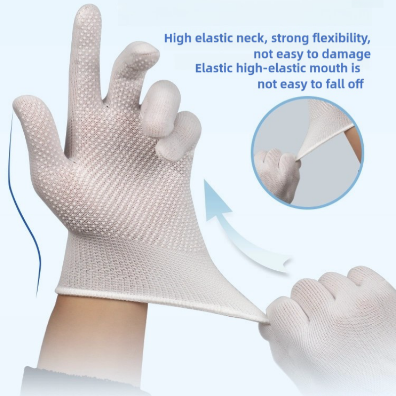 Thin white nylon adhesive non-slip palm bead non-slip breathable wear resistant packing and sorting labor protection gloves