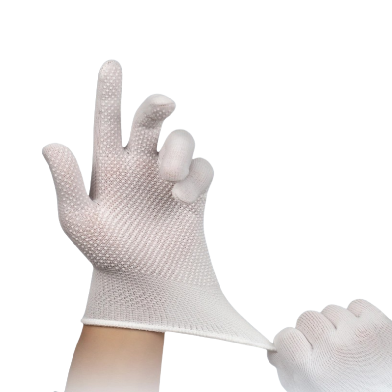 Thin white nylon adhesive non-slip palm bead non-slip breathable wear resistant packing and sorting labor protection gloves