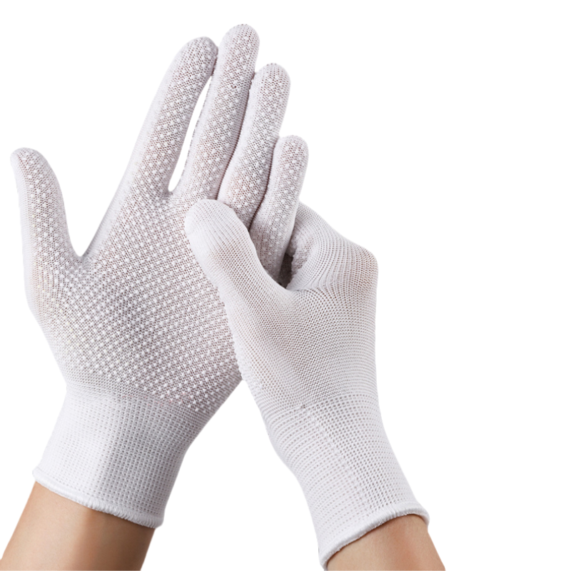 Thin white nylon adhesive non-slip palm bead non-slip breathable wear resistant packing and sorting labor protection gloves