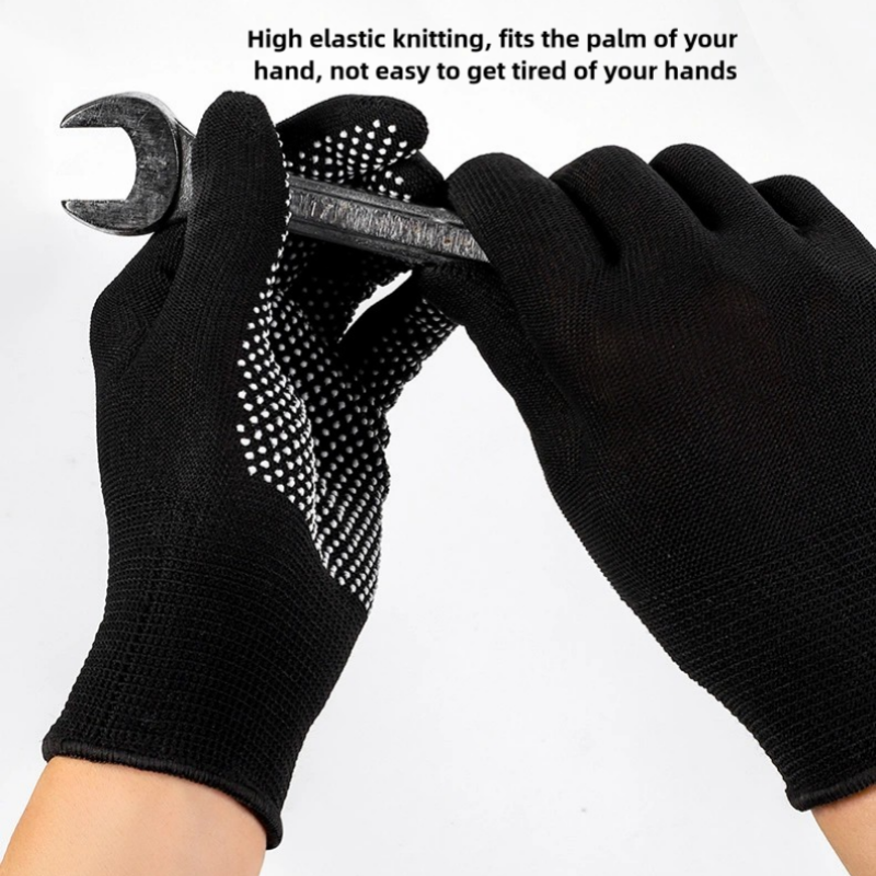 Thin black nylon adhesive non-slip palm bead non-slip breathable wear resistant packing and sorting labor protection gloves