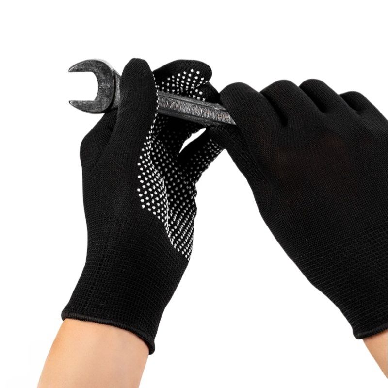 Thin black nylon adhesive non-slip palm bead non-slip breathable wear resistant packing and sorting labor protection gloves