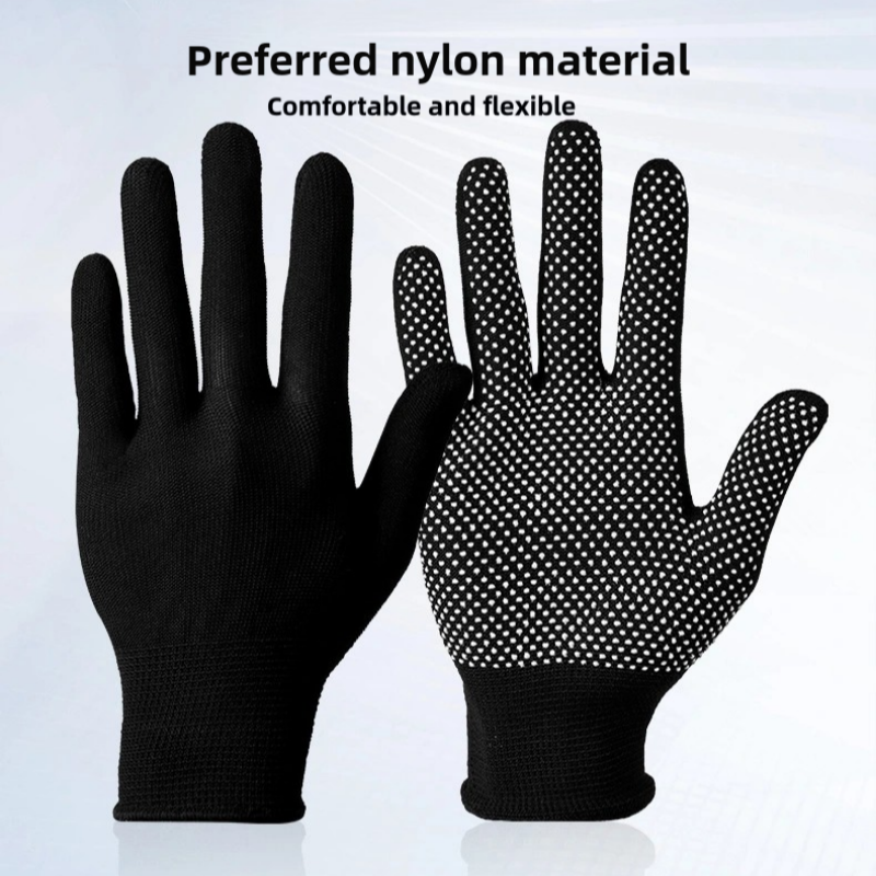 Thin black nylon adhesive non-slip palm bead non-slip breathable wear resistant packing and sorting labor protection gloves