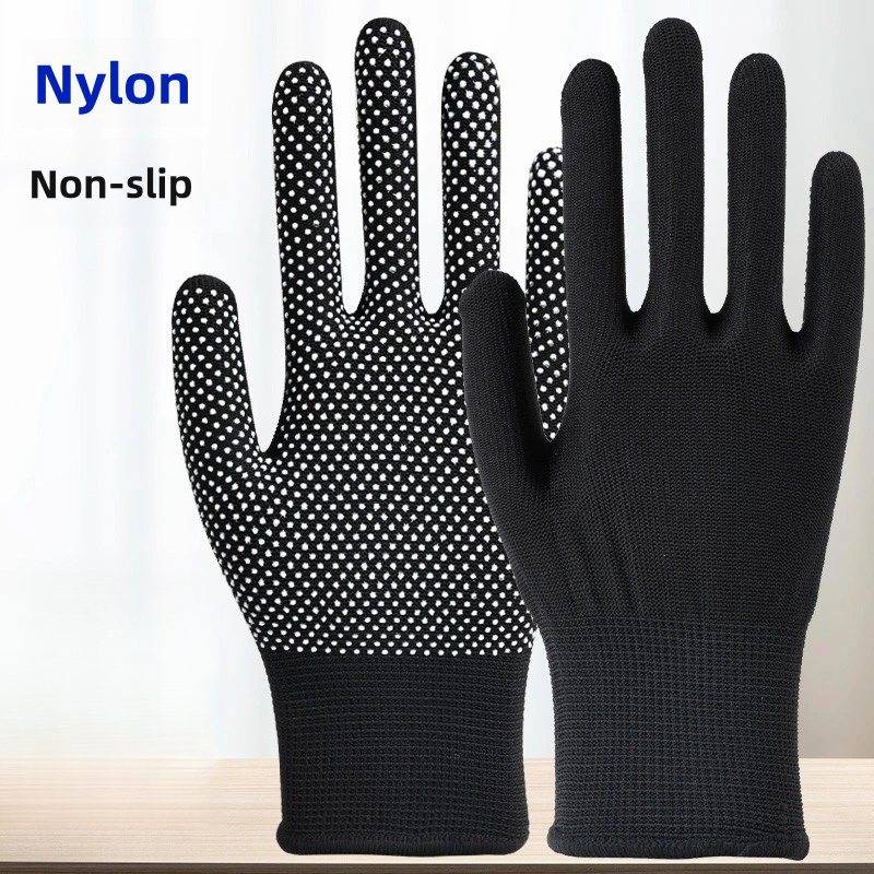 Thin black nylon adhesive non-slip palm bead non-slip breathable wear resistant packing and sorting labor protection gloves