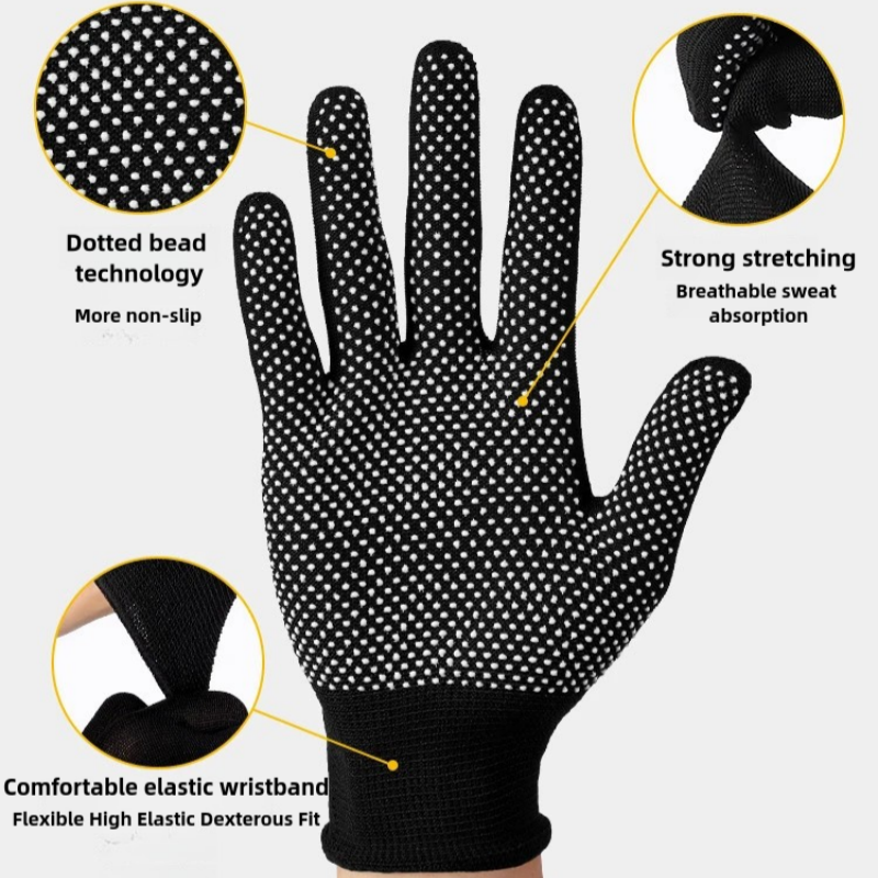 Thin black nylon adhesive non-slip palm bead non-slip breathable wear resistant packing and sorting labor protection gloves