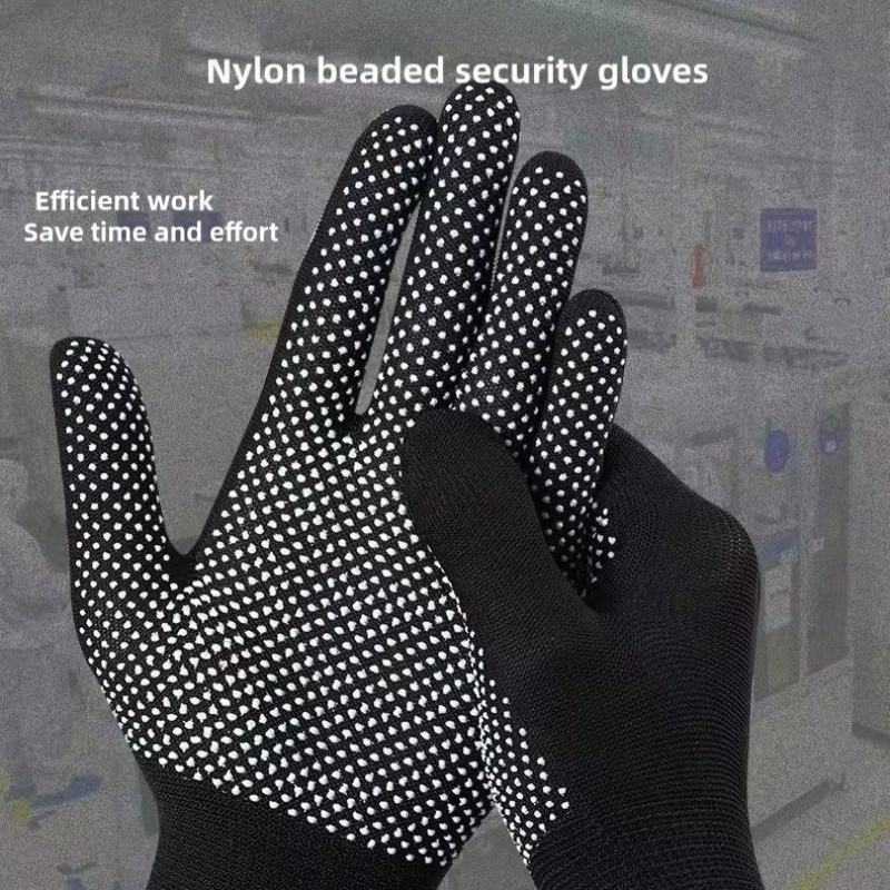 Thin black nylon adhesive non-slip palm bead non-slip breathable wear resistant packing and sorting labor protection gloves