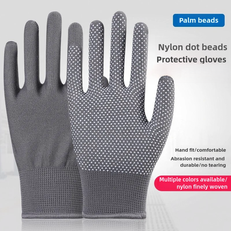 Thin grey nylon dispensed non-slip palm bead non-slip breathable wear resistant packing sorting labor protection gloves