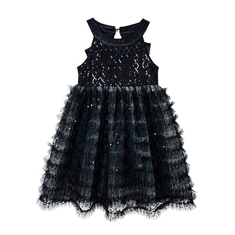 Summer Girls High Quality Black Dress Custom Children Clothing Wholesale Pattern Sleeveless Solid Black Dress 66442