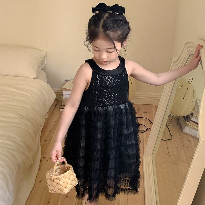 Summer Girls High Quality Black Dress Custom Children Clothing Wholesale Pattern Sleeveless Solid Black Dress 66442