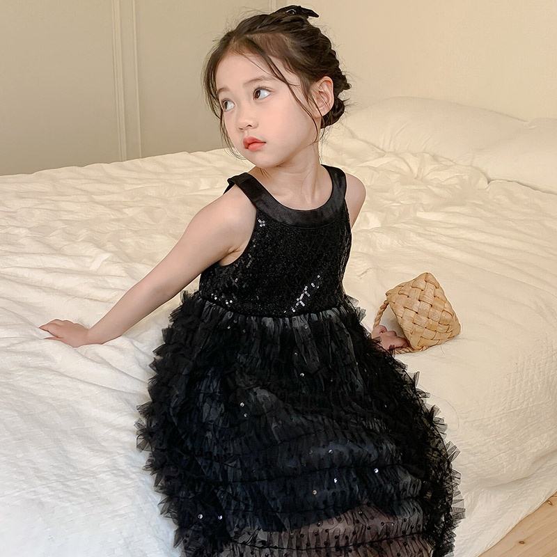 Summer Girls High Quality Black Dress Custom Children Clothing Wholesale Pattern Sleeveless Solid Black Dress 66442