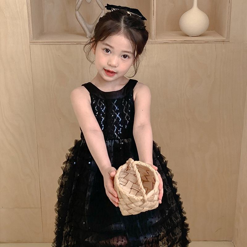 Summer Girls High Quality Black Dress Custom Children Clothing Wholesale Pattern Sleeveless Solid Black Dress 66442